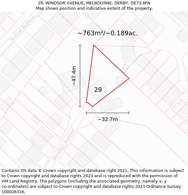 29, WINDSOR AVENUE, MELBOURNE, DERBY, DE73 8FN: Plot and title map