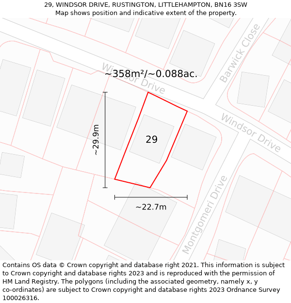 29, WINDSOR DRIVE, RUSTINGTON, LITTLEHAMPTON, BN16 3SW: Plot and title map