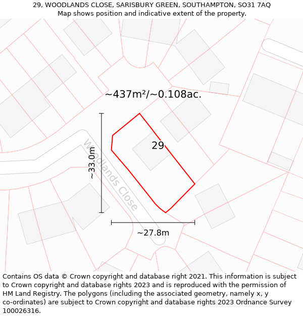29, WOODLANDS CLOSE, SARISBURY GREEN, SOUTHAMPTON, SO31 7AQ: Plot and title map
