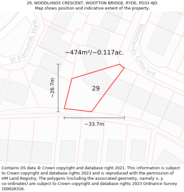 29, WOODLANDS CRESCENT, WOOTTON BRIDGE, RYDE, PO33 4JD: Plot and title map