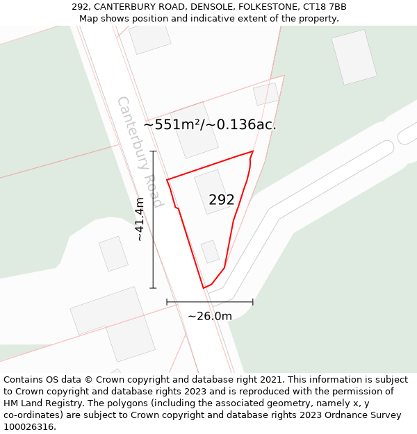 292, CANTERBURY ROAD, DENSOLE, FOLKESTONE, CT18 7BB: Plot and title map