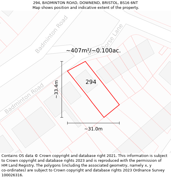 294, BADMINTON ROAD, DOWNEND, BRISTOL, BS16 6NT: Plot and title map