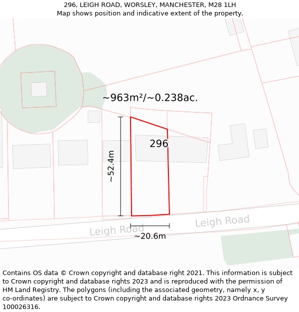 296, LEIGH ROAD, WORSLEY, MANCHESTER, M28 1LH: Plot and title map