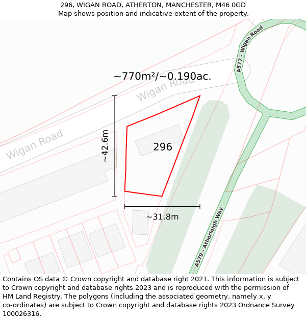 296, WIGAN ROAD, ATHERTON, MANCHESTER, M46 0GD: Plot and title map