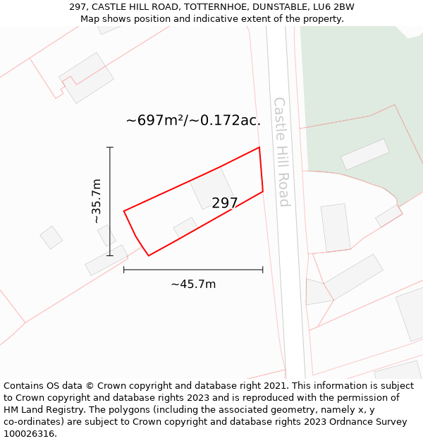 297, CASTLE HILL ROAD, TOTTERNHOE, DUNSTABLE, LU6 2BW: Plot and title map