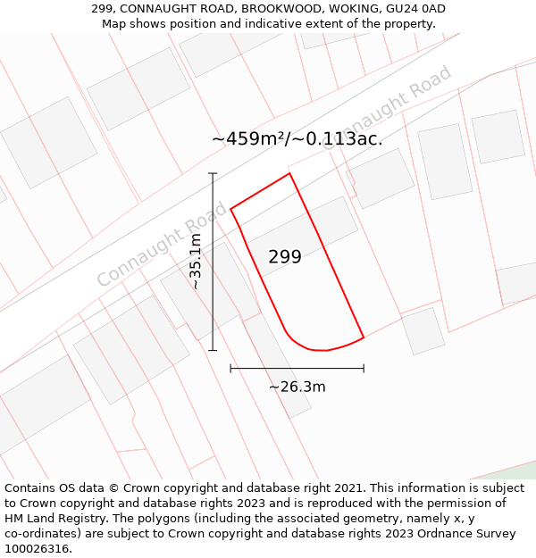 299, CONNAUGHT ROAD, BROOKWOOD, WOKING, GU24 0AD: Plot and title map