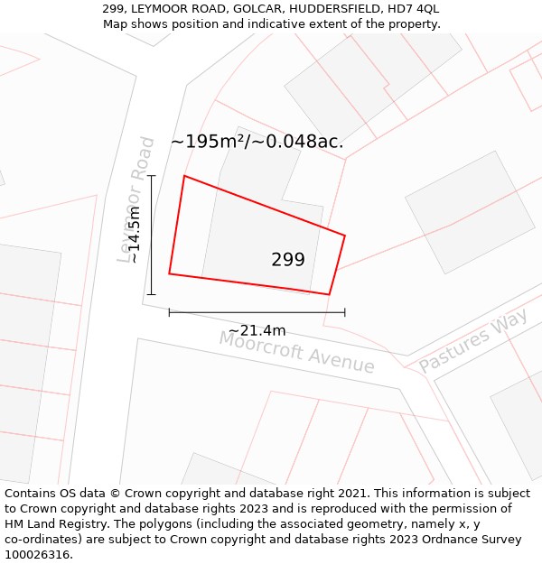 299, LEYMOOR ROAD, GOLCAR, HUDDERSFIELD, HD7 4QL: Plot and title map