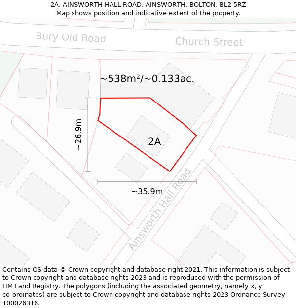 2A, AINSWORTH HALL ROAD, AINSWORTH, BOLTON, BL2 5RZ: Plot and title map