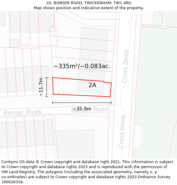 2A, BONSER ROAD, TWICKENHAM, TW1 4RG: Plot and title map