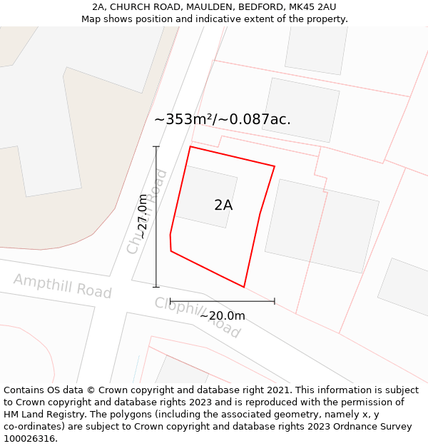 2A, CHURCH ROAD, MAULDEN, BEDFORD, MK45 2AU: Plot and title map