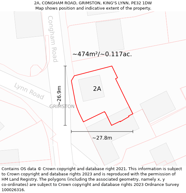 2A, CONGHAM ROAD, GRIMSTON, KING'S LYNN, PE32 1DW: Plot and title map