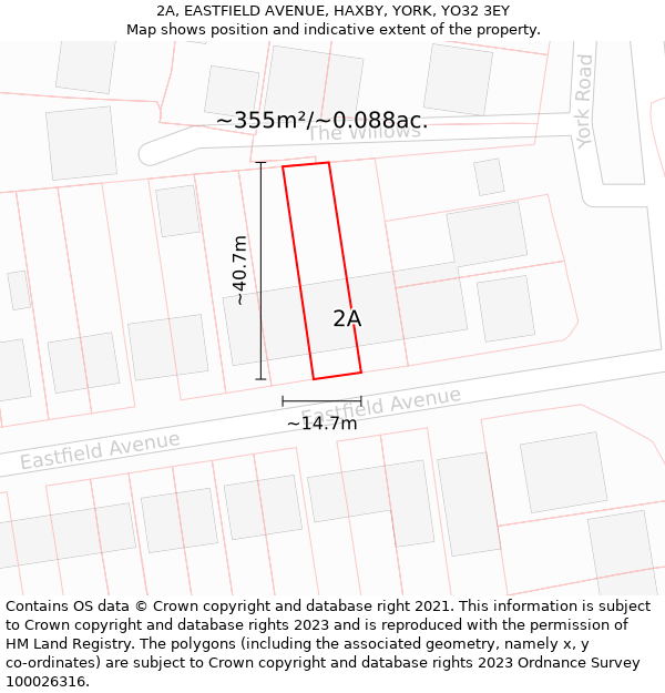 2A, EASTFIELD AVENUE, HAXBY, YORK, YO32 3EY: Plot and title map