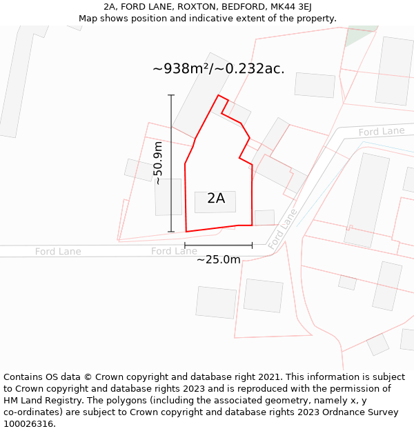 2A, FORD LANE, ROXTON, BEDFORD, MK44 3EJ: Plot and title map