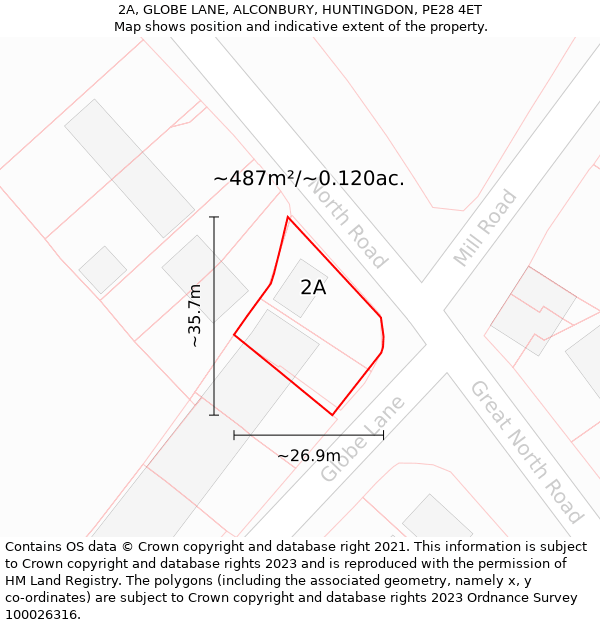 2A, GLOBE LANE, ALCONBURY, HUNTINGDON, PE28 4ET: Plot and title map