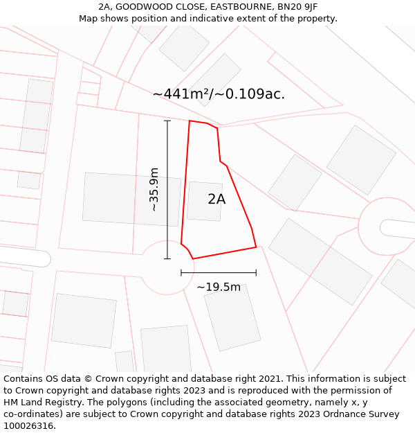 2A, GOODWOOD CLOSE, EASTBOURNE, BN20 9JF: Plot and title map