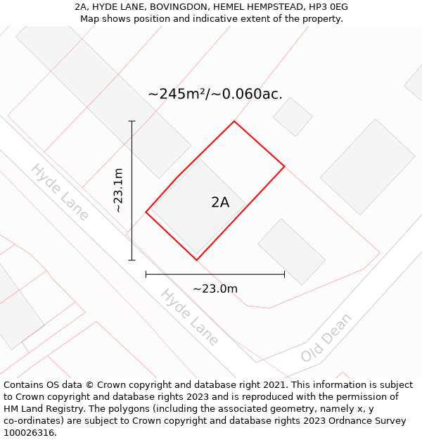 2A, HYDE LANE, BOVINGDON, HEMEL HEMPSTEAD, HP3 0EG: Plot and title map