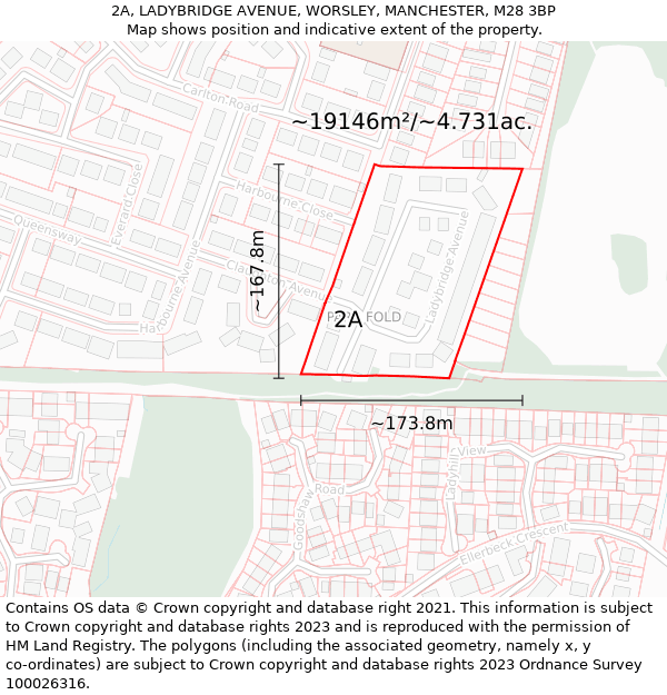 2A, LADYBRIDGE AVENUE, WORSLEY, MANCHESTER, M28 3BP: Plot and title map