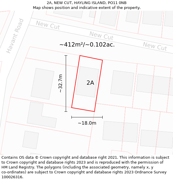 2A, NEW CUT, HAYLING ISLAND, PO11 0NB: Plot and title map