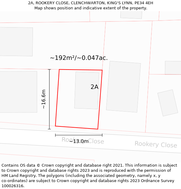 2A, ROOKERY CLOSE, CLENCHWARTON, KING'S LYNN, PE34 4EH: Plot and title map