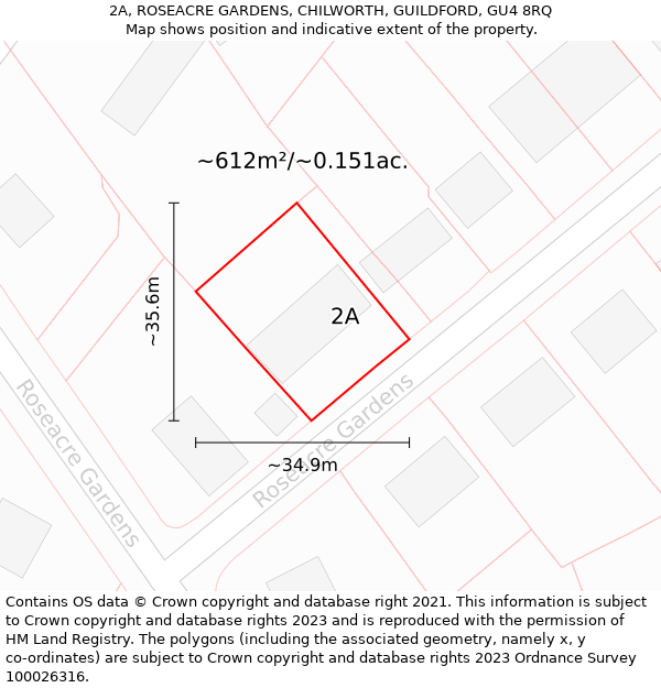 2A, ROSEACRE GARDENS, CHILWORTH, GUILDFORD, GU4 8RQ: Plot and title map