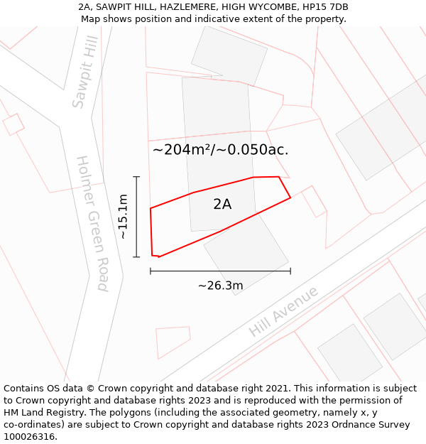 2A, SAWPIT HILL, HAZLEMERE, HIGH WYCOMBE, HP15 7DB: Plot and title map