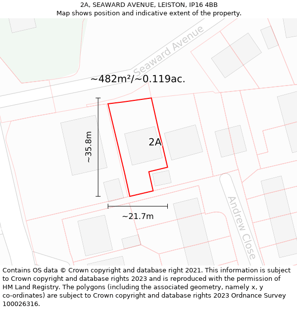 2A, SEAWARD AVENUE, LEISTON, IP16 4BB: Plot and title map