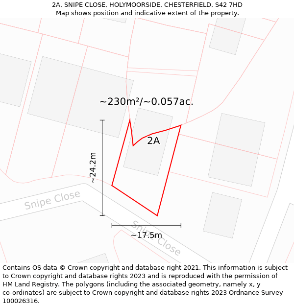 2A, SNIPE CLOSE, HOLYMOORSIDE, CHESTERFIELD, S42 7HD: Plot and title map