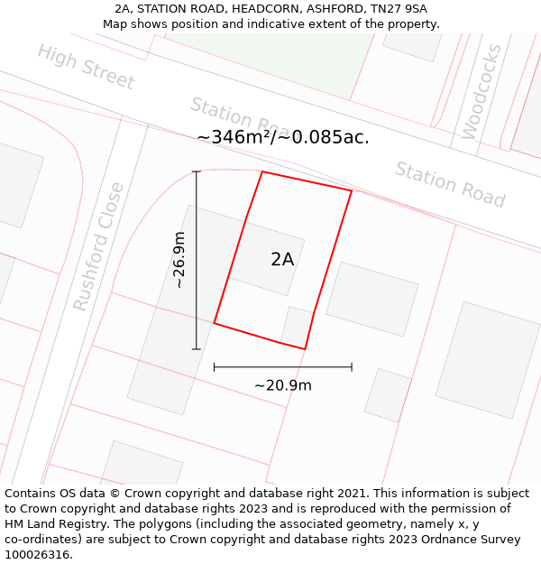 2A, STATION ROAD, HEADCORN, ASHFORD, TN27 9SA: Plot and title map