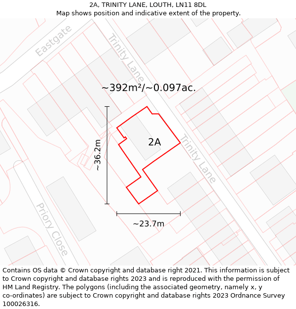 2A, TRINITY LANE, LOUTH, LN11 8DL: Plot and title map