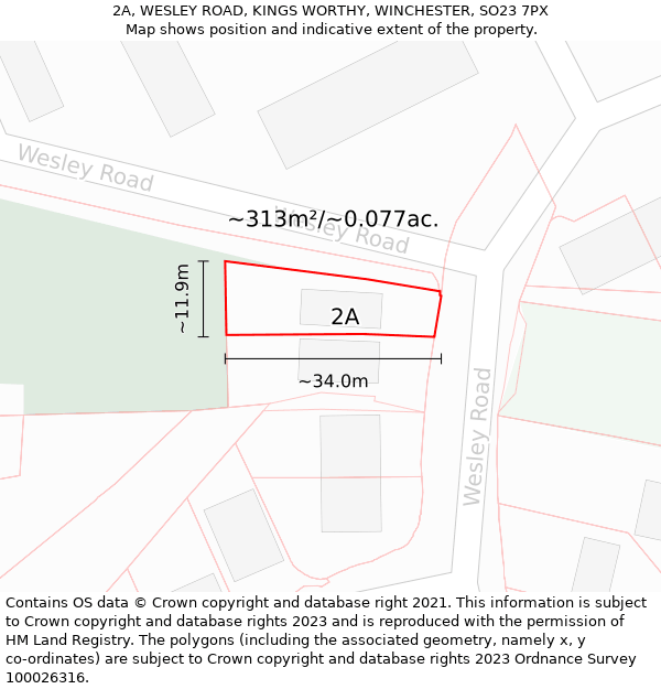 2A, WESLEY ROAD, KINGS WORTHY, WINCHESTER, SO23 7PX: Plot and title map