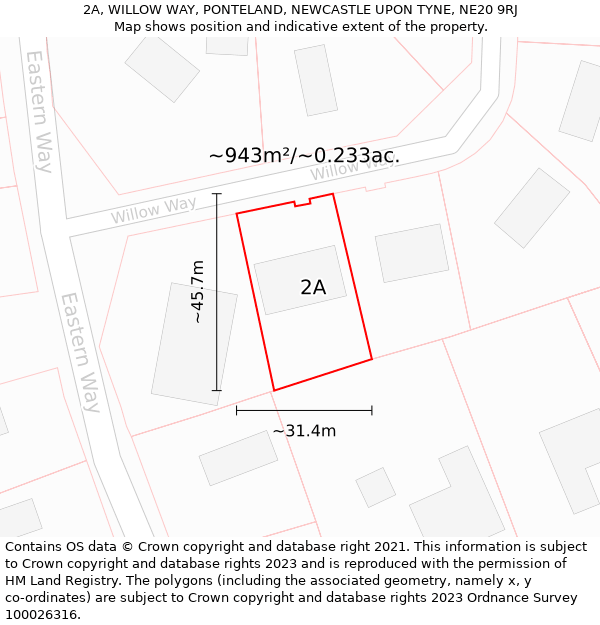 2A, WILLOW WAY, PONTELAND, NEWCASTLE UPON TYNE, NE20 9RJ: Plot and title map