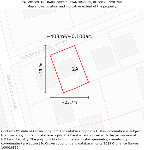 2A, WOODHALL PARK GROVE, STANNINGLEY, PUDSEY, LS28 7HB: Plot and title map