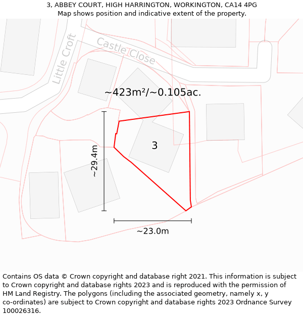 3, ABBEY COURT, HIGH HARRINGTON, WORKINGTON, CA14 4PG: Plot and title map