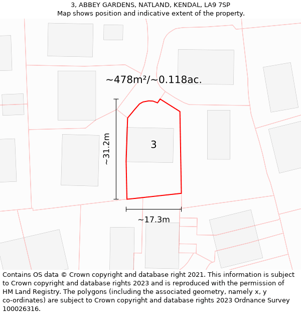 3, ABBEY GARDENS, NATLAND, KENDAL, LA9 7SP: Plot and title map