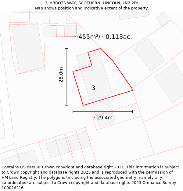 3, ABBOTS WAY, SCOTHERN, LINCOLN, LN2 2FA: Plot and title map