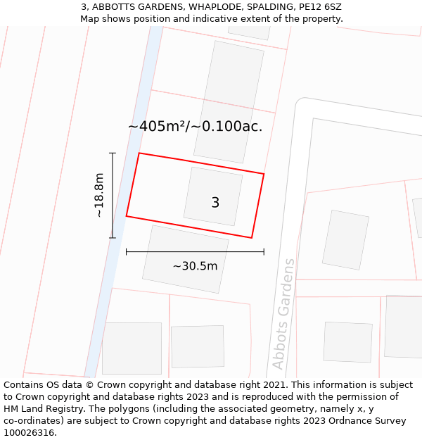 3, ABBOTTS GARDENS, WHAPLODE, SPALDING, PE12 6SZ: Plot and title map