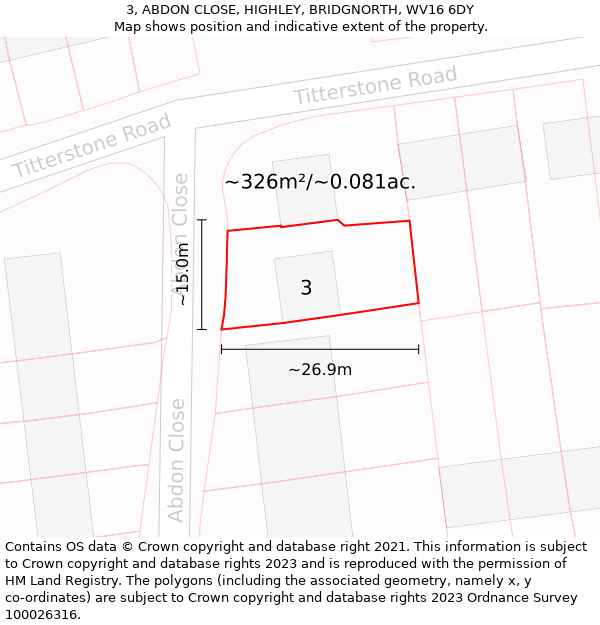 3, ABDON CLOSE, HIGHLEY, BRIDGNORTH, WV16 6DY: Plot and title map