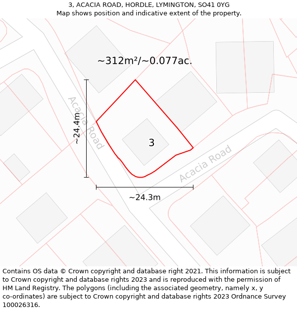 3, ACACIA ROAD, HORDLE, LYMINGTON, SO41 0YG: Plot and title map