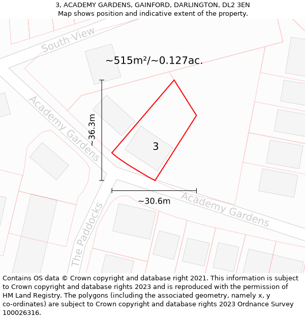 3, ACADEMY GARDENS, GAINFORD, DARLINGTON, DL2 3EN: Plot and title map