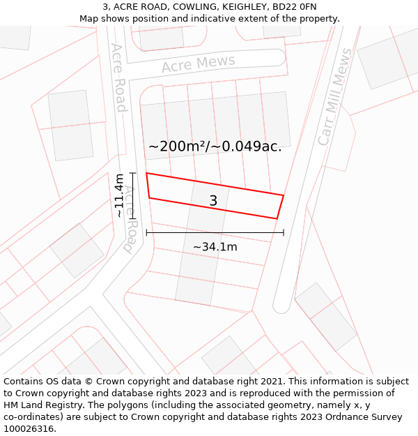 3, ACRE ROAD, COWLING, KEIGHLEY, BD22 0FN: Plot and title map