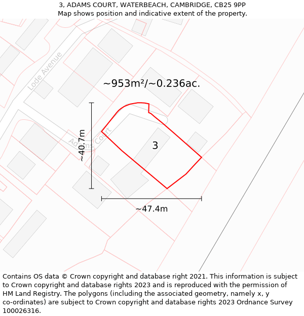 3, ADAMS COURT, WATERBEACH, CAMBRIDGE, CB25 9PP: Plot and title map