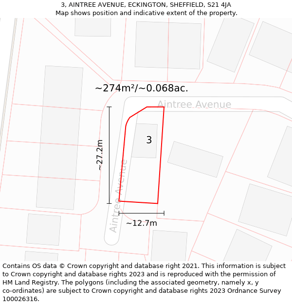 3, AINTREE AVENUE, ECKINGTON, SHEFFIELD, S21 4JA: Plot and title map