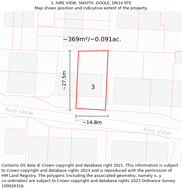 3, AIRE VIEW, SNAITH, GOOLE, DN14 9TE: Plot and title map