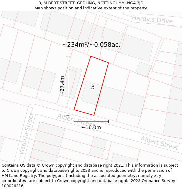 3, ALBERT STREET, GEDLING, NOTTINGHAM, NG4 3JD: Plot and title map