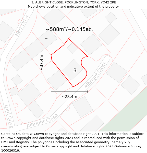 3, ALBRIGHT CLOSE, POCKLINGTON, YORK, YO42 2PE: Plot and title map