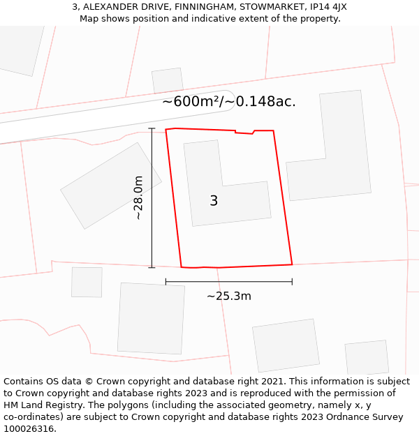 3, ALEXANDER DRIVE, FINNINGHAM, STOWMARKET, IP14 4JX: Plot and title map