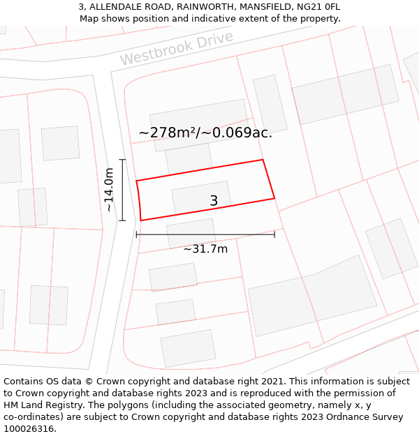 3, ALLENDALE ROAD, RAINWORTH, MANSFIELD, NG21 0FL: Plot and title map