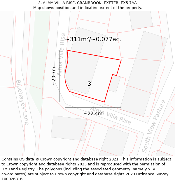 3, ALMA VILLA RISE, CRANBROOK, EXETER, EX5 7AA: Plot and title map