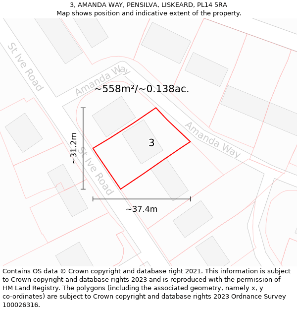 3, AMANDA WAY, PENSILVA, LISKEARD, PL14 5RA: Plot and title map