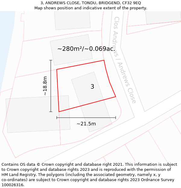 3, ANDREWS CLOSE, TONDU, BRIDGEND, CF32 9EQ: Plot and title map